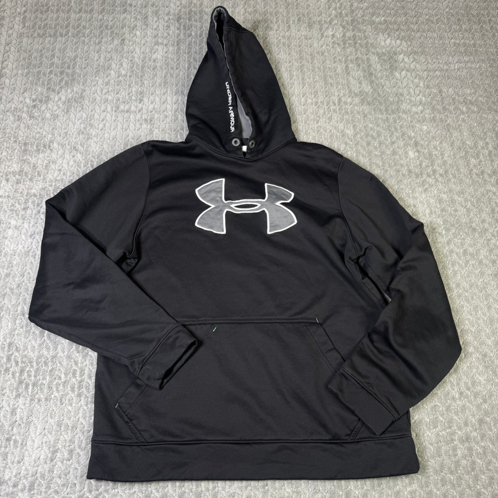 Under Armour Mens Big Logo Hoodie Black Grey Pullover Sweatshirt Size Large